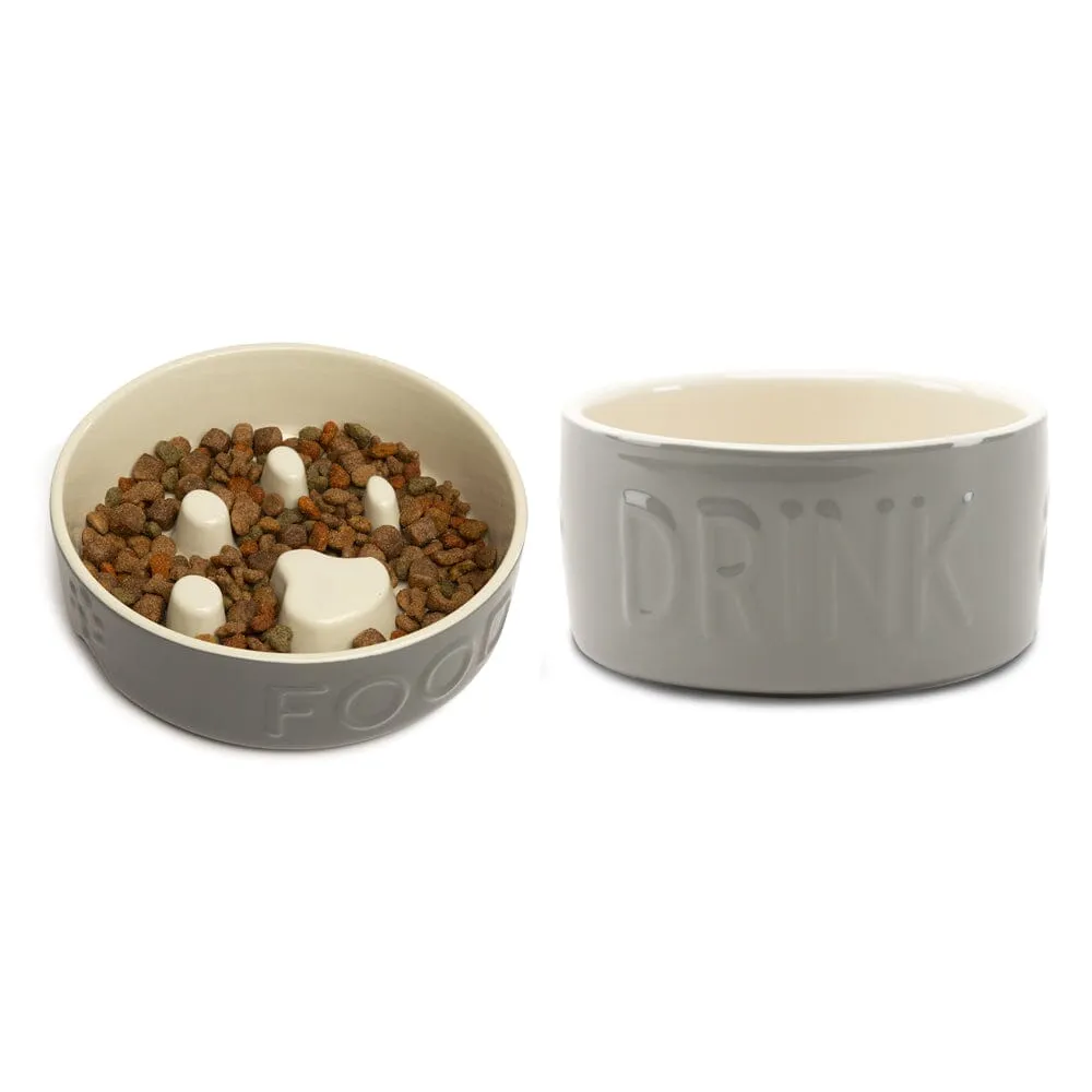 Classic 2 Piece Dog Slow Feeder & Water Bowl Set - 20cm - Grey