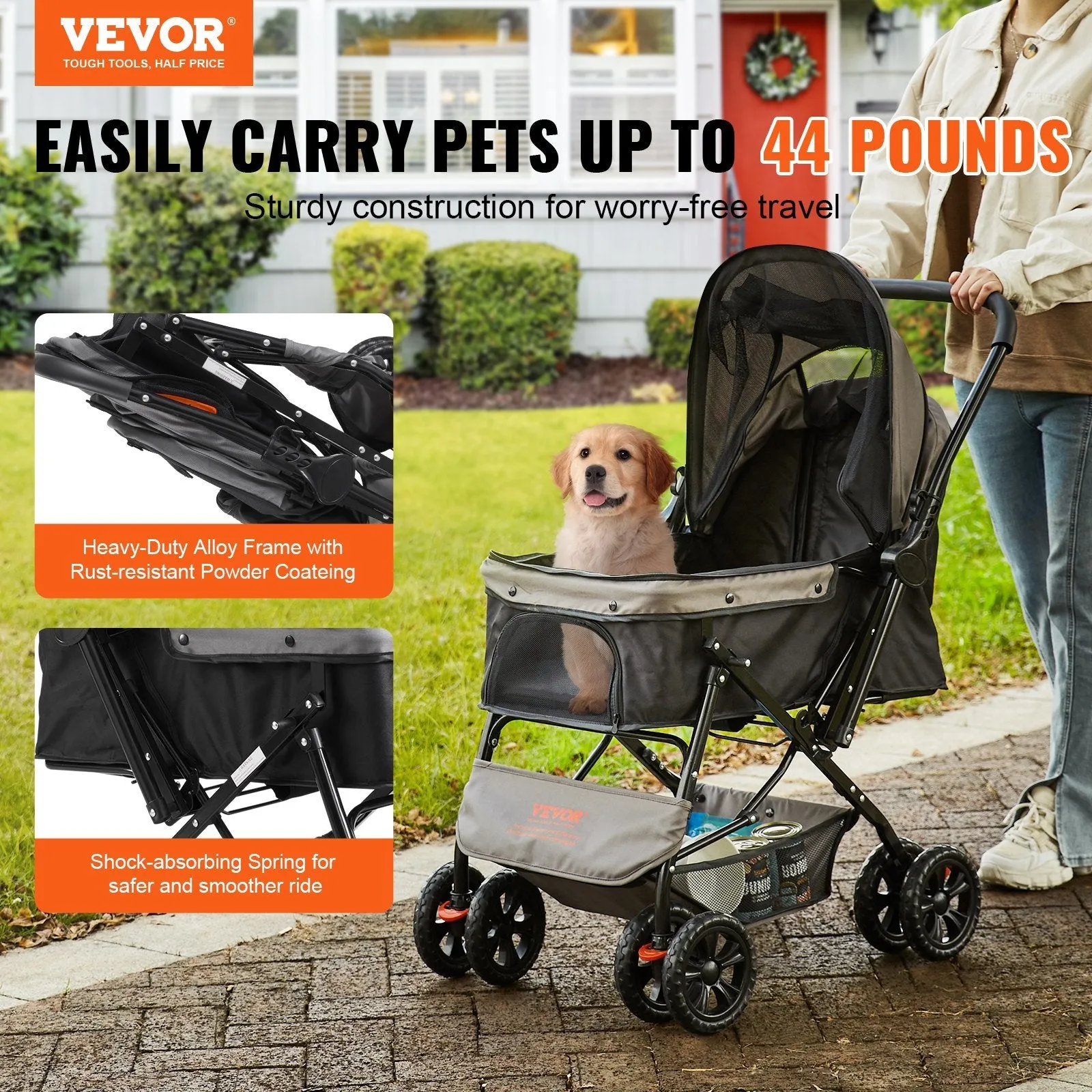 VEVOR Pet Stroller, 4 Wheels Dog Stroller Rotate with Brakes, 44lbs Weight Capacity, Puppy Stroller with Reversible Handlebar, Storage Basket and Zipper, for Dogs and Cats Travel, Black Grey