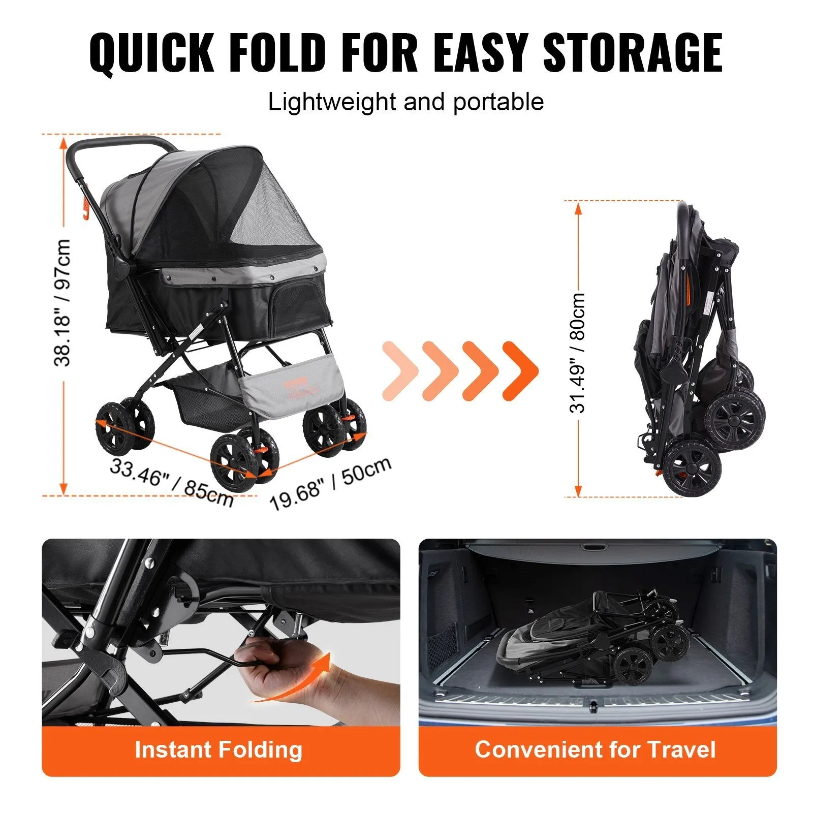 VEVOR Pet Stroller, 4 Wheels Dog Stroller Rotate with Brakes, 44lbs Weight Capacity, Puppy Stroller with Reversible Handlebar, Storage Basket and Zipper, for Dogs and Cats Travel, Black Grey
