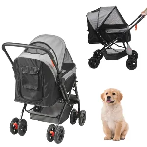 VEVOR Pet Stroller, 4 Wheels Dog Stroller Rotate with Brakes, 44lbs Weight Capacity, Puppy Stroller with Reversible Handlebar, Storage Basket and Zipper, for Dogs and Cats Travel, Black Grey